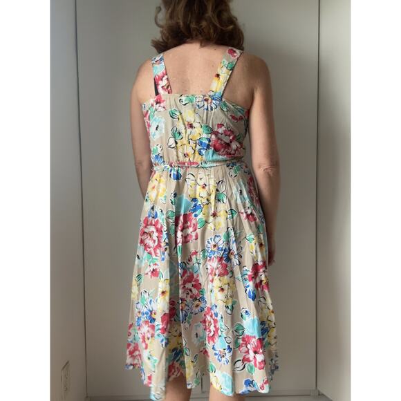 Vintage 80s Floral Print Sundress Size Small Made USA KNee length Tan Red - Picture 3 of 6